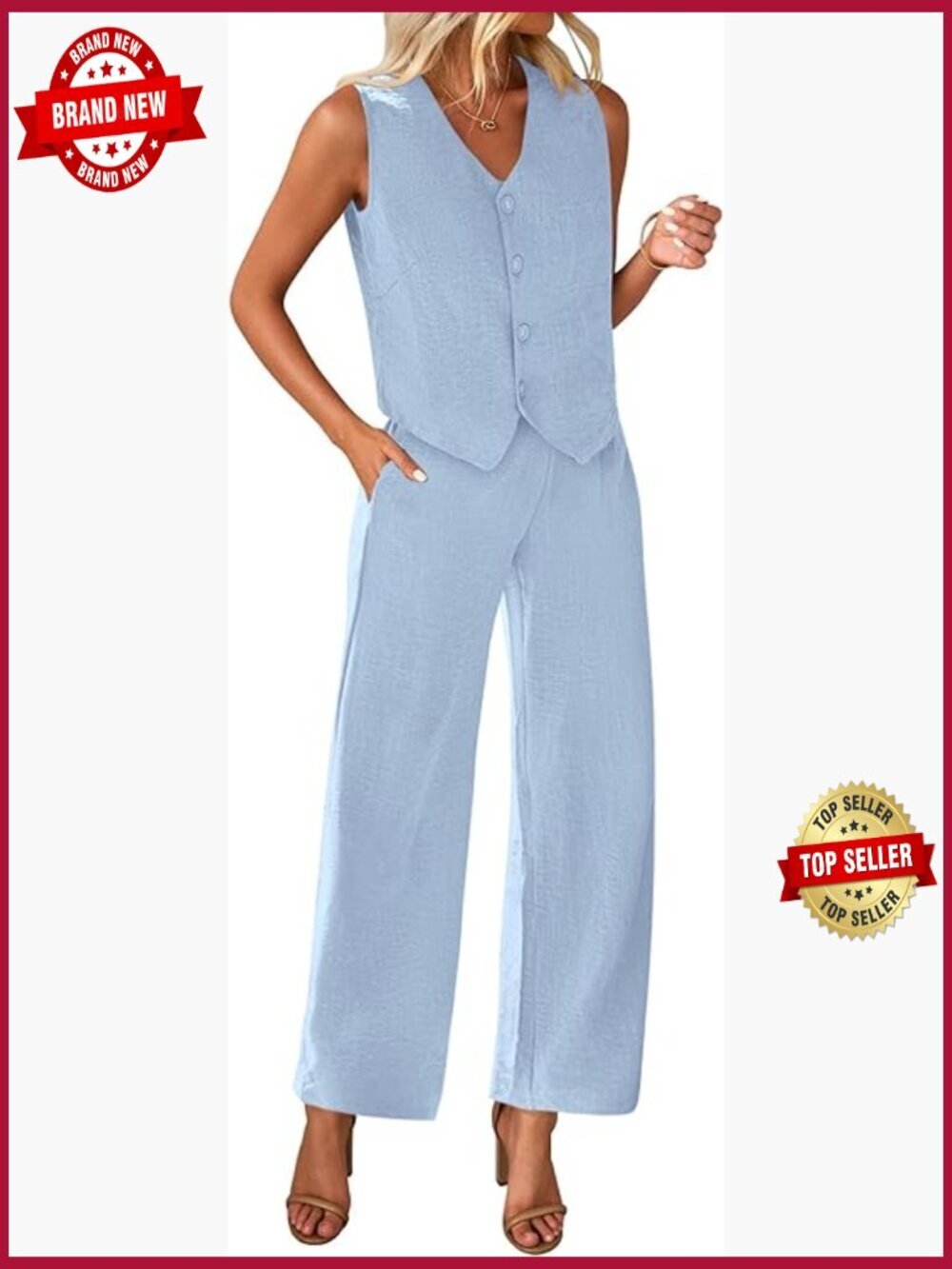 2 Piece Suit Set V Neck Crop Vest Blazer Wide Leg Pants Office Wear